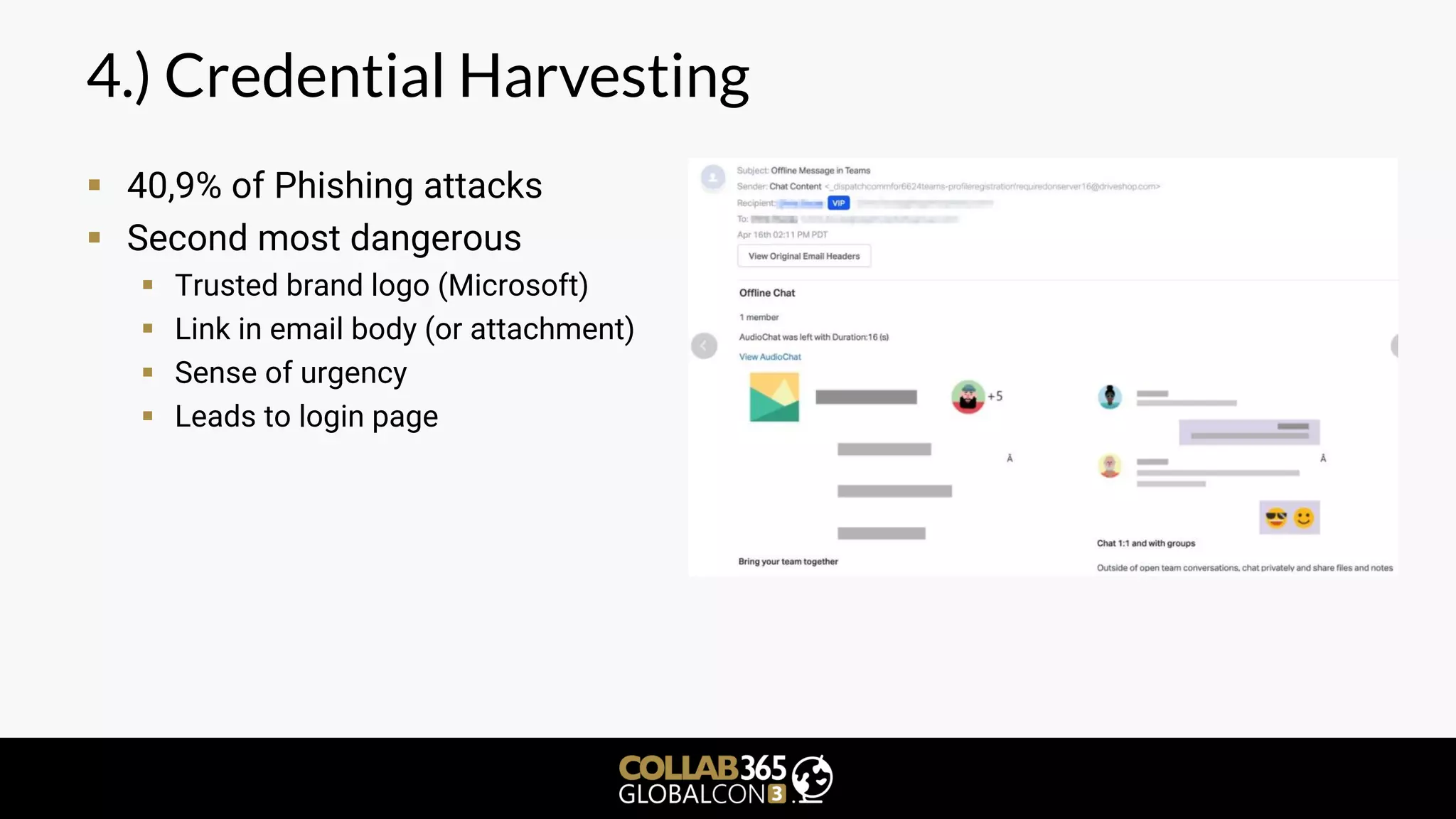 4.) Credential Harvesting
▪ 40,9% of Phishing attacks
▪ Second most dangerous
▪ Trusted brand logo (Microsoft)
▪ Link in email body (or attachment)
▪ Sense of urgency
▪ Leads to login page
 