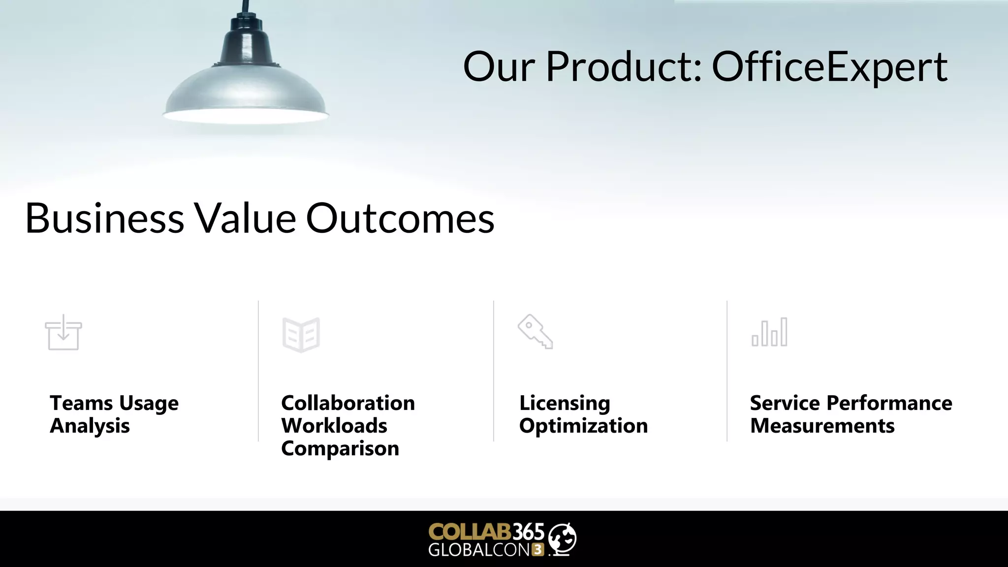 Our product: OfficeExpert
Business Value Outcomes
Service Performance
Measurements
Teams Usage
Analysis
Collaboration
Workloads
Comparison
Licensing
Optimization
Our Product: OfficeExpert
 