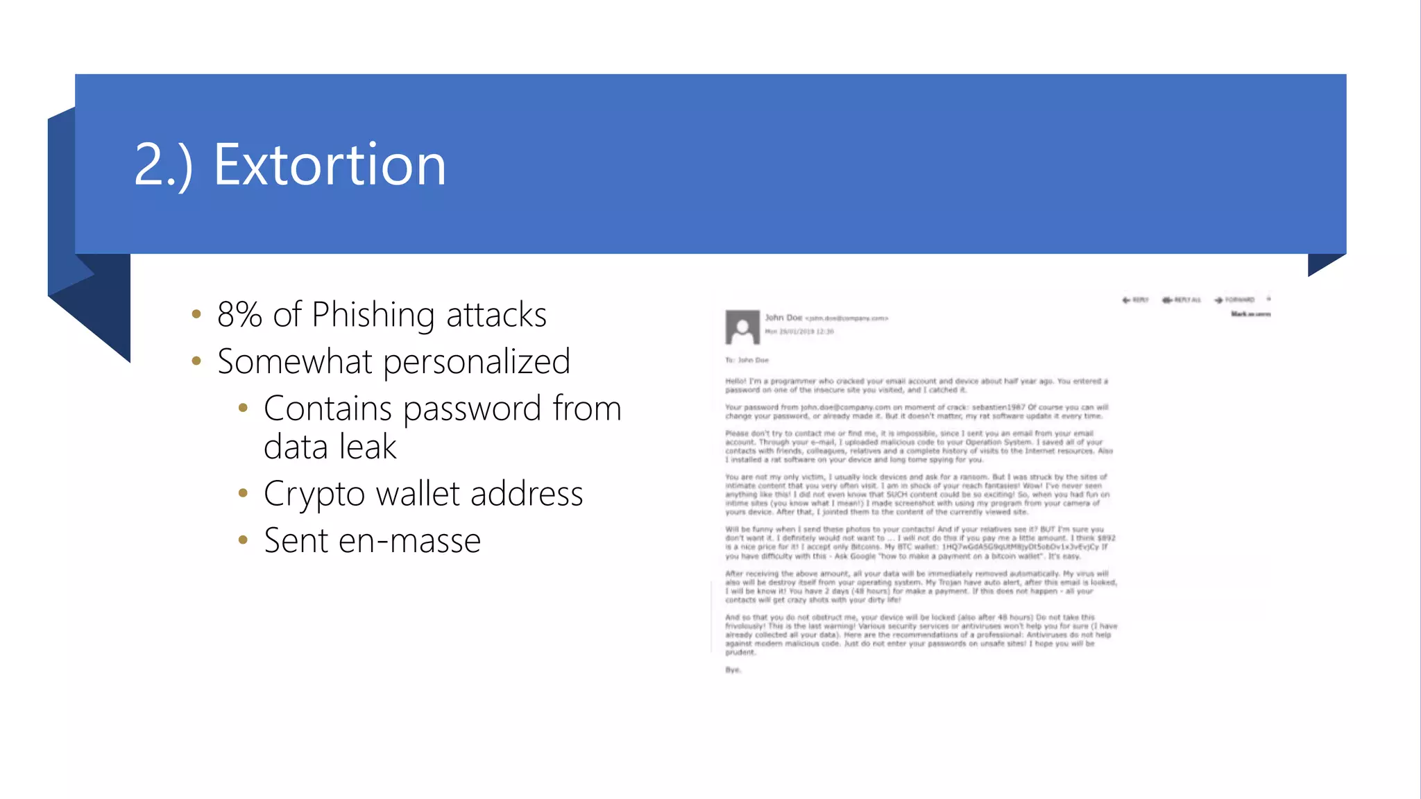 09. September 2020 | #TeamsCommunityDay | teamscommunityday.de | @TeamsDay
2.) Extortion
• 8% of Phishing attacks
• Somewhat personalized
• Contains password from
data leak
• Crypto wallet address
• Sent en-masse
 