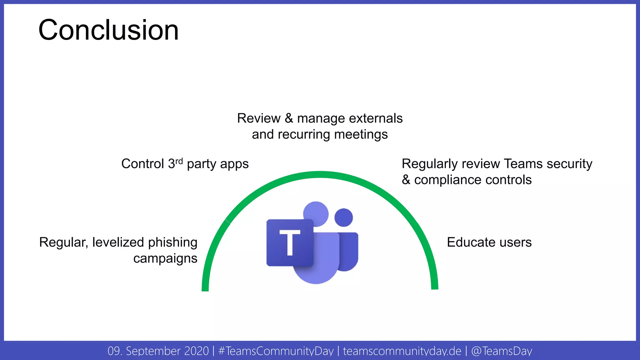 09. September 2020 | #TeamsCommunityDay | teamscommunityday.de | @TeamsDay
Conclusion
Regular, levelized phishing
campaigns
Educate users
Control 3rd party apps Regularly review Teams security
& compliance controls
Review & manage externals
and recurring meetings
 