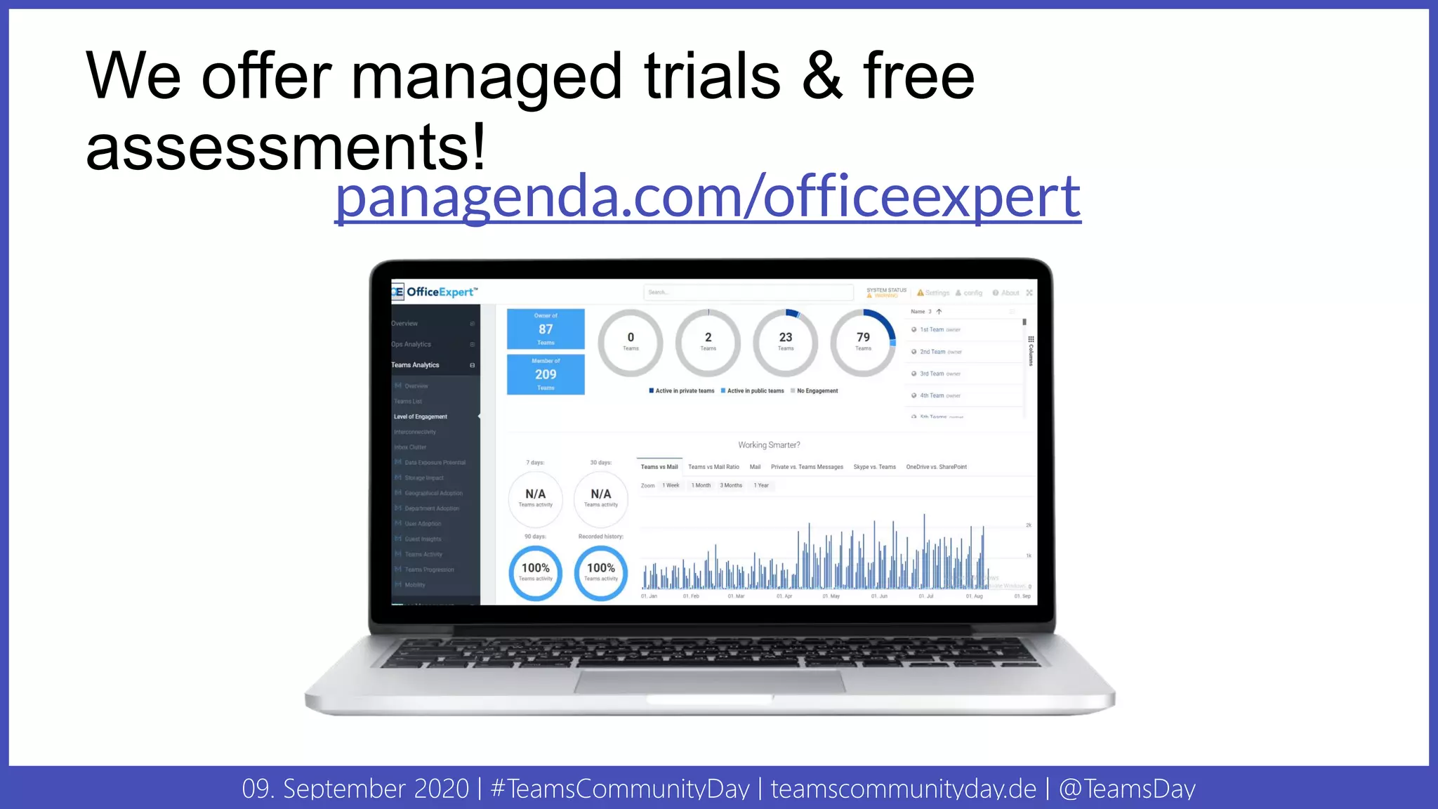 09. September 2020 | #TeamsCommunityDay | teamscommunityday.de | @TeamsDay
We offer managed trials & free
assessments!
panagenda.com/officeexpert
 