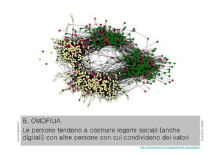 RIMINI19/06/2015
DAVIDEBENNATO
B. OMOFILIA
Le persone tendono a costruire legami sociali (anche
digitali) con altre persone con cui condividono dei valori
http://social-dynamics.org/tag/network-visualization/
 