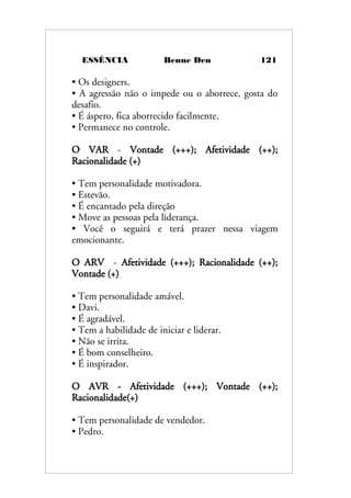 ESSÊNCIA Benne Den 121
• Os designers.
• A agressão não o impede ou o aborrece, gosta do
desafio.
• É áspero, fica aborrecido facilmente.
• Permanece no controle.
O VAR - Vontade (+++); Afetividade (++);
Racionalidade (+)
• Tem personalidade motivadora.
• Estevão.
• É encantado pela direção
• Move as pessoas pela liderança.
• Você o seguirá e terá prazer nessa viagem
emocionante.
O ARV - Afetividade (+++); Racionalidade (++);
Vontade (+)
• Tem personalidade amável.
• Davi.
• É agradável.
• Tem a habilidade de iniciar e liderar.
• Não se irrita.
• É bom conselheiro.
• É inspirador.
O AVR - Afetividade (+++); Vontade (++);
Racionalidade(+)
• Tem personalidade de vendedor.
• Pedro.
 