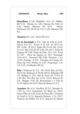 ESSÊNCIA Benne Den 199
Maravilhoso Is 9:6. Mediador 1Tm 2:5. Médico
Mt 9:12. Menino Lc 2:16. Messias Dn 9:25; Jo
1:41. Mestre (Mentor) Mt 8:19. Mestre
(Professor) Mt 26:18; Jo 3:2; 11:28. Ministro Hb
8:2.
Nazareno Mc 1:24. Noivo Mt 9:15.
Pai da Eternidade Is 9:6. Pão da Vida Jo 6:35.
Páscoa 1Co 5:7. Pastor (1 Pe 5:4; Jo 10:11,14;
Hb 13:20; Sl 23:1). Pedra Mt 21:42; Mc 12:10;
At 4:11; Rm 9:32,33; Ef 2:20; 1Pe 2:6-7. Pedra de
Esquina Ef 2:20. Poder de Deus 1Co 1:24. Porta
Jo 10:9 - Porta do Aprisco Jo 10:7. Potentado
1Tm 6:15. Precursor Hb 6:20. Primícias 1 Co
15:23. Príncipe Is 9:6. Princípio da Criação De
Deus Ap 3:14. Profeta At 3:22. Propiciação 1 Jo
2:2; 4:10. Purificador Ml 3:3.
Rabi ( Professor) Jo 3:2; Mt 26:25; Raiz de Davi
Ap 22:16. Redentor Is 59:20; 60:16. Refinador Ml
3:3. Refúgio Is 25:4. Rei de Israel Mt 27:42; Jo
1:49. Rei: Dos Reis Ap 17:14; 19:16. Renovo Zc
3:8. Resgate 1Tm 2:6. Ressurreição e a Vida Jo
11:25; Rocha Dt 32:15. Rosa de Sharon Ct 2:1.
Sacerdote Hb 4:14. Sacrifício Ef 5:2. Salvador Lc
1:47; Lc 2:11; Samaritano (O Bom) Lc 10:33.
Santo Filho At 4:30. Santo de Deus Mc 1:24.Santo
de Israel Is 41:14. Segundo Homem 1 Co 15:47.
Semente da Mulher Gn 3:15. Semente de Abraão
 