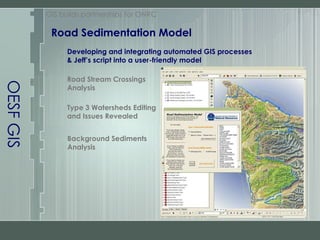 OESF GIS Road Sedimentation Model GIS builds partnerships for ONRC Developing and integrating automated GIS processes & Jeff’s script into a user-friendly model Road Stream Crossings Analysis Type 3 Watersheds Editing and Issues Revealed Background Sediments Analysis 