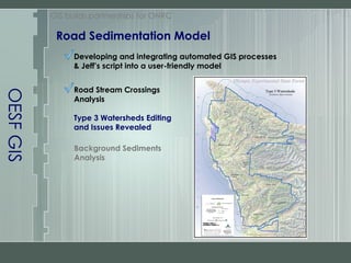 OESF GIS Road Sedimentation Model GIS builds partnerships for ONRC Developing and integrating automated GIS processes & Jeff’s script into a user-friendly model Road Stream Crossings Analysis Type 3 Watersheds Editing and Issues Revealed Background Sediments Analysis 