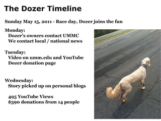 The Dozer Timeline
Thursday:
 Story gets local and national attention on Fox News, ESPN,
  Runners World, etc.
 More blo...