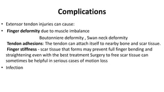 Complications
• Extensor tendon injuries can cause:
• Finger deformity due to muscle imbalance
Boutonniere deformity , Swan neck deformity
Tendon adhesions: The tendon can attach itself to nearby bone and scar tissue.
Finger stiffness - scar tissue that forms may prevent full finger bending and
straightening even with the best treatment Surgery to free scar tissue can
sometimes be helpful in serious cases of motion loss
• Infection
 