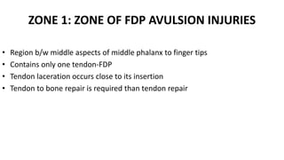 ZONE 1: ZONE OF FDP AVULSION INJURIES
• Region b/w middle aspects of middle phalanx to finger tips
• Contains only one tendon-FDP
• Tendon laceration occurs close to its insertion
• Tendon to bone repair is required than tendon repair
 