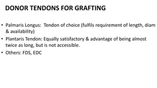 DONOR TENDONS FOR GRAFTING
• Palmaris Longus: Tendon of choice (fulfils requirement of length, diam
& availability)
• Plantaris Tendon: Equally satisfactory & advantage of being almost
twice as long, but is not accessible.
• Others: FDS, EDC
 