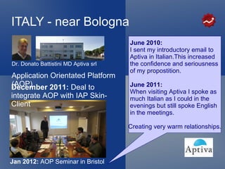 ITALY - near Bologna
                                      June 2010:
                                      I sent my introductory email to
                                      Aptiva in Italian.This increased
Dr. Donato Battistini MD Aptiva srl   the confidence and seriousness
                                      of my propostition.
Application Orientated Platform
(AOP)
December 2011: Deal to                June 2011:
                                      When visiting Aptiva I spoke as
integrate AOP with IAP Skin-          much Italian as I could in the
Client                                evenings but still spoke English
                                      in the meetings.

                                      Creating very warm relationships.




Jan 2012: AOP Seminar in Bristol
 