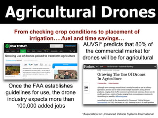 Agricultural Drones
From checking crop conditions to placement of
irrigation…..fuel and time savings…
*Association for Unmanned Vehicle Systems International
AUVSI* predicts that 80% of
the commercial market for
drones will be for agricultural
Once the FAA establishes
guidelines for use, the drone
industry expects more than
100,000 added jobs
 