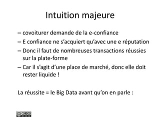 Intuition majeure
– covoiturer demande de la e-confiance
– E confiance ne s’acquiert qu’avec une e réputation
– Donc il faut de nombreuses transactions réussies
sur la plate-forme
– Car il s’agit d’une place de marché, donc elle doit
rester liquide !
La réussite = le Big Data avant qu’on en parle :
 