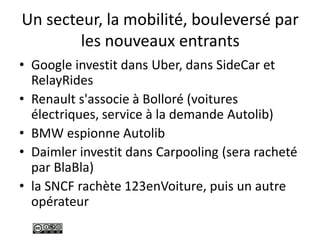 Un secteur, la mobilité, bouleversé par
les nouveaux entrants
• Google investit dans Uber, dans SideCar et
RelayRides
• Renault s'associe à Bolloré (voitures
électriques, service à la demande Autolib)
• BMW espionne Autolib
• Daimler investit dans Carpooling (sera racheté
par BlaBla)
• la SNCF rachète 123enVoiture, puis un autre
opérateur
 