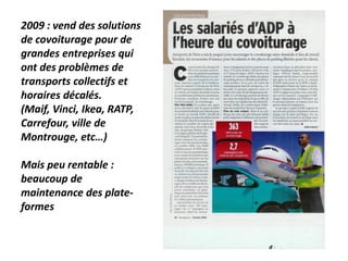 2009 : vend des solutions
de covoiturage pour de
grandes entreprises qui
ont des problèmes de
transports collectifs et
horaires décalés.
(Maif, Vinci, Ikea, RATP,
Carrefour, ville de
Montrouge, etc…)
Mais peu rentable :
beaucoup de
maintenance des plate-
formes
 