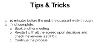 1. 10 minutes before the end: the quadrant walk-through
2. If not complete:
a. Book another meeting
b. Re-start with all the agreed upon decisions and
check if everyone is still OK
c. Continue the process
Tips & Tricks
 
