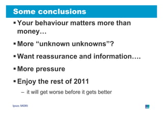 Some conclusions
Your behaviour matters more than
money…
money
More “unknown unknowns ?
      unknown unknowns”?
Want reassurance and information….
                     information
More pressure
Enjoy the rest of 2011
 – it will get worse before it gets better
 