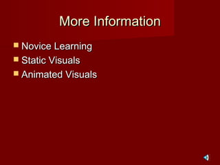 More InformationMore Information
 Novice LearningNovice Learning
 Static VisualsStatic Visuals
 Animated VisualsAnimated Visuals
 