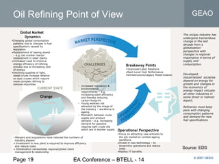 Page 19 EA Conference – BTELL - 14
GEAO
© 2007 GEAO
• Increased regulatory &
environmental
requirements – e.g.
increasing plant efficiency
and thereby reducing
carbon footprint
• Young workers not
attracted by the image of
the industry – workforce is
ageing
• Mismatch between crude
supply and product
demand – e.g. increasing
demand for gasoline
requires light crude oils
which are in shorter supply
• Mergers and acquisitions have reduced the numbers of
industry players
• Investment in new plant is required to improve efficiency
and reduce costs
• Globalization necessitates regional/global client
management & relationship
Breakaway Points
• Improved Labor Relations
•Next-Level Cost Performance
•Infrastructure/Legacy Modernization
Change
Operational Perspective
• Focus on attracting new entrants to
the job market to combat ageing
workforce
•Invest in new technology – to
streamline operations and reduce
costs
•Realize IT benefits
Global Market
Dynamics
•Changing global consumption
patterns due to changes in fuel
specifications caused by
legislation
•Replacement of ageing assets
– e.g. cat cracker reactor
replacement in older plants
•Increased need to improve
energy efficiency of refining
process due to increasing cost
of energy
•Declining supplies of light,
sweet crude increase reliance
on sour crudes which require
more complex refining to
remove impurities
The oil/gas industry has
undergone tremendous
change in the last
decade from a
globalization
perspective with
changes in regional
importance in terms of
supply and
consumption.
Developed,
industrialized societies
depend on energy for
growth and changes in
the economics of
energy impact virtually
all other industries in
some direct or indirect
aspect.
Refineries must keep
pace with changing
consumption patterns
and demand for new
fuel specifications
Oil Refining Point of View
Source: EDS
 