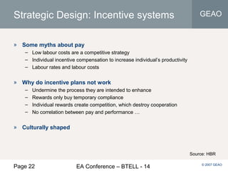 Page 22 EA Conference – BTELL - 14
GEAO
© 2007 GEAO
Strategic Design: Incentive systems
» Some myths about pay
– Low labour costs are a competitive strategy
– Individual incentive compensation to increase individual’s productivity
– Labour rates and labour costs
» Why do incentive plans not work
– Undermine the process they are intended to enhance
– Rewards only buy temporary compliance
– Individual rewards create competition, which destroy cooperation
– No correlation between pay and performance …
» Culturally shaped
Source: HBR
 