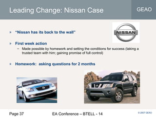 Page 37 EA Conference – BTELL - 14
GEAO
© 2007 GEAO
Leading Change: Nissan Case
» “Nissan has its back to the wall”
» First week action
– Made possible by homework and setting the conditions for success (taking a
trusted team with him; gaining promise of full control)
» Homework: asking questions for 2 months
 