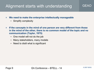 Page 9 EA Conference – BTELL - 14
GEAO
© 2007 GEAO
Alignment starts with understanding
» We need to make the enterprise intellectually manageable
– Simplify complexity
» If the concepts in the mind of one person are very different from those
in the mind of the other, there is no common model of the topic and no
communication (Taylor, 1975)
– One model will not do the job
– Many stakeholders, many models
– Need to distil what is significant
 