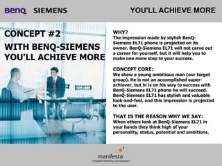 YOU'LL ACHIEVE MORE


CONCEPT #2            WHY?
                      The impression made by stylish BenQ-
                      Siemens EL71 phone is projected on its
WITH BENQ-SIEMENS     owner. BenQ-Siemens EL71 will not carve out
                      a career for yourself, but it will help you to
YOU'LL ACHIEVE MORE   make one more step to your success.

                      CONCEPT CORE:
                      We show a young ambitious man (our target
                      group). He is not an accomplished super-
                      achiever, but hi is on his way to success with
                      BenQ-Siemens EL71 phone he will succeed.
                      BenQ-Siemens EL71 has stylish and valuable
                      look-and-feel, and this impression is projected
                      to the user.

                      THAT IS THE REASON WHY WE SAY:
                      When others look at BenQ-Siemens EL71 in
                      your hands they think high of your
                      personality, status, potential and ambitions.
 