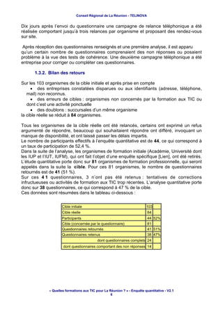 Conseil Régional de La Réunion - TELINOVA


Dix jours après l’envoi du questionnaire une campagne de relance téléphonique a été
réalisée comportant jusqu’à trois relances par organisme et proposant des rendez-vous
sur site.

Après réception des questionnaires renseignés et une première analyse, il est apparu
qu’un certain nombre de questionnaires comprenaient des non réponses ou posaient
problème à la vue des tests de cohérence. Une deuxième campagne téléphonique a été
entreprise pour corriger ou compléter ces questionnaires.

       1.3.2. Bilan des retours

Sur les 103 organismes de la cible initiale et après prise en compte
      • des entreprises constatées disparues ou aux identifiants (adresse, téléphone,
   mail) non reconnus.
      • des erreurs de cibles : organismes non concernés par la formation aux TIC ou
   dont c’est une activité ponctuelle
      • des doublons : succursales d’un même organisme
la cible réelle se réduit à 84 organismes.

Tous les organismes de la cible réelle ont été relancés, certains ont exprimé un refus
argumenté de répondre, beaucoup qui souhaitaient répondre ont différé, invoquant un
manque de disponibilité, et ont laissé passer les délais impartis.
Le nombre de participants effectifs à l’enquête quantitative est de 44, ce qui correspond à
un taux de participation de 52,4 %.
Dans la suite de l’analyse, les organismes de formation initiale (Académie, Université dont
les IUP et l’IUT, IUFM), qui ont fait l’objet d’une enquête spécifique [Lien], ont été retirés.
L’étude quantitative porte donc sur 81 organismes de formation professionnelle, qui seront
appelés dans la suite la cible. Pour ces 81 organismes, le nombre de questionnaires
retournés est de 41 (51 %).
Sur ces 4 1 questionnaires, 3 n’ont pas été retenus : tentatives de corrections
infructueuses ou activités de formation aux TIC trop récentes. L’analyse quantitative porte
donc sur 38 questionnaires, ce qui correspond à 47 % de la cible.
Ces données sont résumées dans le tableau ci-dessous :


                      Cible initiale                                      103
                      Cible réelle                                          84
                      Participants                                          44 52%
                      Cible (concernée par le questionnaire)                81
                      Questionnaires retournés                              41 51%
                      Questionnaires retenus                                38 47%
                                            dont questionnaires complets 24
                      dont questionnaires comportant des non réponses 14




              « Quelles formations aux TIC pour La Réunion ? » - Enquête quantitative - V2.1
                                                    6
 