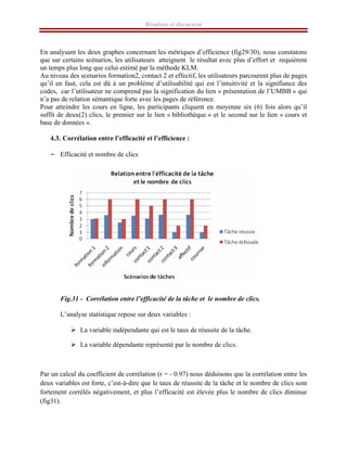 Résultats et discussion
En analysant les deux graphes concernant les métriques d’efficience (fig29/30), nous constatons
que sur certains scénarios, les utilisateurs atteignent le résultat avec plus d’effort et requièrent
un temps plus long que celui estimé par la méthode KLM.
Au niveau des scenarios formation2, contact 2 et effectif, les utilisateurs parcourent plus de pages
qu’il en faut, cela est dû à un problème d’utilisabilité qui est l’intuitivité et la signifiance des
codes, car l’utilisateur ne comprend pas la signification du lien « présentation de l’UMBB » qui
n’a pas de relation sémantique forte avec les pages de référence.
Pour atteindre les cours en ligne, les participants cliquent en moyenne six (6) fois alors qu’il
suffit de deux(2) clics, le premier sur le lien « bibliothèque » et le second sur le lien « cours et
base de données ».
4.3. Corrélation entre l’efficacité et l’efficience :
– Efficacité et nombre de clics
Fig.31 - Corrélation entre l’efficacité de la tâche et le nombre de clics.
L’analyse statistique repose sur deux variables :
¾ La variable indépendante qui est le taux de réussite de la tâche.
¾ La variable dépendante représenté par le nombre de clics.
Par un calcul du coefficient de corrélation (r = - 0.97) nous déduisons que la corrélation entre les
deux variables est forte, c’est-à-dire que le taux de réussite de la tâche et le nombre de clics sont
fortement corrélés négativement, et plus l’efficacité est élevée plus le nombre de clics diminue
(fig31).
 