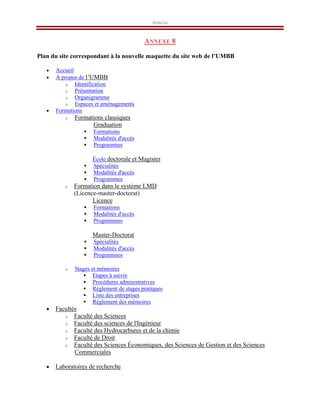 Annexe
ANNEXE 8
Plan du site correspondant à la nouvelle maquette du site web de l’UMBB
• Accueil
• A propos de l’UMBB
o Identification
o Présentation
o Organigramme
o Espaces et aménagements
• Formations
o Formations classiques
Graduation
ƒ Formations
ƒ Modalités d'accès
ƒ Programmes
École doctorale et Magister
ƒ Spécialités
ƒ Modalités d'accès
ƒ Programmes
o Formation dans le système LMD
(Licence-master-doctorat)
Licence
ƒ Formations
ƒ Modalités d'accès
ƒ Programmes
Master-Doctorat
ƒ Spécialités
ƒ Modalités d'accès
ƒ Programmes
o Stages et mémoires
ƒ Etapes à suivre
ƒ Procédures administratives
ƒ Règlement de stages pratiques
ƒ Liste des entreprises
ƒ Règlement des mémoires
• Facultés
o Faculté des Sciences
o Faculté des sciences de l'Ingénieur
o Faculté des Hydrocarbures et de la chimie
o Faculté de Droit
o Faculté des Sciences Économiques, des Sciences de Gestion et des Sciences
Commerciales
• Laboratoires de recherche
 