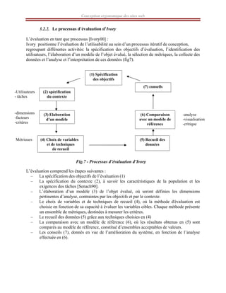 Conception ergonomique des sites web
3.2.2. Le processus d’évaluation d’Ivory
L’évaluation en tant que processus [Ivory00] :
Ivory positionne l’évaluation de l’utilisabilité au sein d’un processus itératif de conception,
regroupant différentes activités: la spécification des objectifs d’évaluation, l’identification des
utilisateurs, l’élaboration d’un modèle de l’objet évalué, la sélection de métriques, la collecte des
données et l’analyse et l’interprétation de ces données (fig7).
Fig.7 - Processus d’évaluation d’Ivory
L’évaluation comprend les étapes suivantes :
– La spécification des objectifs de l’évaluation (1)
– La spécification du contexte (2), à savoir les caractéristiques de la population et les
exigences des tâches [Senach90].
– L’élaboration d’un modèle (3) de l’objet évalué, où seront définies les dimensions
pertinentes d’analyse, contraintes par les objectifs et par le contexte.
– Le choix de variables et de techniques de recueil (4), où la méthode d'évaluation est
choisie en fonction de sa capacité à évaluer les variables cibles. Chaque méthode présente
un ensemble de métriques, destinées à mesurer les critères.
– Le recueil des données (5) grâce aux techniques choisies en (4)
– La comparaison avec un modèle de référence (6), où les résultats obtenus en (5) sont
comparés au modèle de référence, constitué d’ensembles acceptables de valeurs.
– Les conseils (7), donnés en vue de l’amélioration du système, en fonction de l’analyse
effectuée en (6).
(1) Spécification
des objectifs
(2) spécification
du contexte
(7) conseils
(3) Elaboration
d’un modèle
(6) Comparaison
avec un modèle de
référence
(4) Choix de variables
et de techniques
de recueil
(5) Recueil des
données
-Utilisateurs
- tâches
-dimensions
-facteurs
-critères
Métriques
-analyse
-visualisation
-critique
 