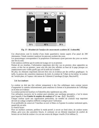 Principes ergonomiques d’utilisabilité
Fig. 13 - Résultats de l’analyse des mouvements oculaires [C. Ledoux06]
Ces observations sont le résultat d’une étude quantitative menée auprès d’un panel de 200
internautes, l’étude consiste à analyser les parcours oculaire des yeux.
Les pourcentages correspondent à la proportion d’internautes ayant parcouru des yeux au moins
une fois la zone.
Cette analyse confirme que le centre de la page est vu en premier.
Partant de ces résultats, l’information importante doit être vue en premier, donc apparaître au
centre, et être lue en premier ; pour cela elle doit être affichée en haut de la page puisque cet
emplacement reste visible quelle que soit la taille de la fenêtre.
De plus, les éléments importants doivent êtres mis en évidence par des artifices graphiques : la
taille, la graisse des caractères (épaisseur du trait), la couleur de l’objet en lui-même, la couleur
de l’arrière plan, et l’espace vide autour de l’élément (l’enrobage) [Léger, Baccino03].
2.4. Les couleurs
La couleur ne doit pas être utilisée uniquement à des fins esthétiques mais comme moyen
d’augmenter le contenu informationnel, pour améliorer le format et la présentation de l’affichage
ou la mise en évidence.
La couleur permet de localiser et d’identifier plus rapidement une cible.
Une utilisation excessive de la couleur peut entraîner une surcharge perceptive, c’est la raison
pour laquelle il faut Limiter le nombre de couleurs à 7 (+ ou – 2) [C. Boyle02].
Chaque couleur ayant une signification particulière, un nombre de couleurs trop important
devient un codage complexe difficile à intégrer pour l’utilisateur.
Il est préférable de concevoir l’interface en noir et blanc et d’ajouter la couleur seulement après,
quand elle est utile.
Le fond d’écran :
Pour un meilleur contraste, préférer le mode positif, à savoir un fond claire, de couleur neutre
(blanc, gris) avec des caractères foncés, le contraste est un élément important du confort de
lecture car un fond de couleur vive est une source de fatigue visuelle (Voir tableau 2).
98%
1
3
2
2
 