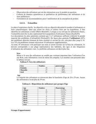 Démarche méthodologique
– Observation des utilisateurs qui ont des interactions avec le produit en question.
– Collecte de données quantitatives et qualitatives de performance des utilisateurs et de
leurs préférences.
– Formulation de recommandations pour l’amélioration de la conception du produit.
4.4.2.1. Échantillon
Le plan d’expérience clarifie les objectifs et de ces objectifs découlent le nombre d’utilisateurs et
leurs caractéristiques. Quel que soient les choix et critères fixés par les hypothèses, il faut
identifier les utilisateurs à tester [Mario Boutin01]. Lorsque ce ne sont pas les utilisateurs finaux,
l’échantillon doit être le plus représentatif de la population d’utilisateurs finaux [Scerbo95].
Les descriptions les plus optimistes estiment que 3 à 5 utilisateurs suffisent à détecter la grande
majorité des problèmes d’utilisabilité [Nielsen03]. De façon plus générale 5 utilisateurs (85%
des problèmes détectés) donnent de bons résultats et suivant les cas, cela peut aller jusqu’à 10.
Les 15% de problèmes restants nécessitent 10 utilisateurs supplémentaires.
Au total, 45 utilisateurs vont participer aux tests et seront recrutés sur la base du volontariat, ils
doivent correspondre à une plage représentative des habiletés, des âges et des fréquences
d’utilisation des utilisateurs visés. Le profil des utilisateurs est décrit plus bas.
Sexe
Même si le sexe des utilisateurs ne semble pas vraiment important dans l’utilisation d’un
site Web, cette information a tout de même été compilée. Les résultats sont présentés dans
le tableau suivant.
Tableau 5: Sexe des utilisateurs
Age
La majorité des utilisateurs se retrouvent dans la fourchette d’âge de 20 à 29 ans. Aucun
des utilisateurs n’avait plus de 59 ans.
Tableau 6 : Répartition des utilisateurs par groupe d’âge
Age Nombre Pourcentage
-20ans 6 13.33%
20-29 25 55.5%
30-39 7 15.5%
40-49 4 8.8%
50-59 3 6.6%
60-69 0 0%
70 et + 0 0%
total 45 100%
Groupe d’appartenance
Sexe Nombre pourcentage
Féminin 18 40%
Masculin 27 60%
total 45 100%
 