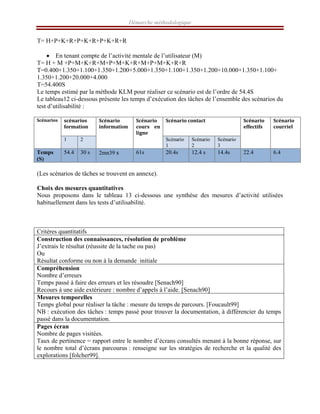 Démarche méthodologique
T= H+P+K+R+P+K+R+P+K+R+R
• En tenant compte de l’activité mentale de l’utilisateur (M)
T= H + M +P+M+K+R+M+P+M+K+R+M+P+M+K+R+R
T=0.400+1.350+1.100+1.350+1.200+5.000+1.350+1.100+1.350+1.200+10.000+1.350+1.100+
1.350+1.200+20.000+4.000
T=54.400S
Le temps estimé par la méthode KLM pour réaliser ce scénario est de l’ordre de 54.4S
Le tableau12 ci-dessous présente les temps d’exécution des tâches de l’ensemble des scénarios du
test d’utilisabilité :
scénarios 
formation 
 
Scénario contact 
 
Scénarios 
1 2
Scénario 
information 
Scénario 
cours  en 
ligne 
Scénario
1
Scénario
2
Scénario
3
Scénario 
effectifs 
Scénario 
courriel 
Temps
(S)
54.4 30 s 2mn39 s 61s 20.4s 12.4 s 14.4s 22.4 6.4
(Les scénarios de tâches se trouvent en annexe).
Choix des mesures quantitatives
Nous proposons dans le tableau 13 ci-dessous une synthèse des mesures d’activité utilisées
habituellement dans les tests d’utilisabilité.
Critères quantitatifs
Construction des connaissances, résolution de problème
J’extrais le résultat (réussite de la tache ou pas)
Ou
Résultat conforme ou non à la demande initiale
Compréhension
Nombre d’erreurs
Temps passé à faire des erreurs et les résoudre [Senach90]
Recours à une aide extérieure : nombre d’appels à l’aide. [Senach90]
Mesures temporelles
Temps global pour réaliser la tâche : mesure du temps de parcours. [Foucault99]
NB : exécution des tâches : temps passé pour trouver la documentation, à différencier du temps
passé dans la documentation.
Pages écran
Nombre de pages visitées.
Taux de pertinence = rapport entre le nombre d’écrans consultés menant à la bonne réponse, sur
le nombre total d’écrans parcourus : renseigne sur les stratégies de recherche et la qualité des
explorations [folcher99].
 