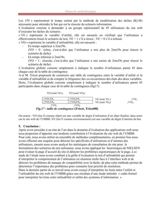 Démarche méthodologique
Les 159 s représentent le temps estimé par la méthode de modélisation des tâches (KLM)
nécessaire pour atteindre le but qui est la réussite du scénario information.
L’évaluation consiste à demander à un groupe représentatif de 45 utilisateurs du site web
d’exécuter les tâches du scénario.
« VE » représente la variable d’utilité, elle est mesurée en vérifiant que l’utilisateur a
effectivement réussi le scénario de test, VE = 1 s’il a réussi ; VE = 0 s’il a échoué.
« VO » représente la variable d’utilisabilité, elle est mesurée :
– En temps supérieur à 2mn39s.
(VO = 0 : échec, c'est-à-dire que l’utilisateur a mis plus de 2mn39s pour réussir le
scénario de tâche)
– En temps inferieur à 2mn39s.
(VO = 1 : réussite, c'est-à-dire que l’utilisateur a mis moins de 2mn39s pour réussir le
scénario de tâche)
L’évaluation globale consiste simplement à indiquer le nombre d’utilisateurs parmi 45 dans
chaque case de la table de contingence.
A.et M. Tricot proposent de construire une table de contingence entre la variable d’utilité et la
variable d’utilisabilité et de compter la fréquence des co-occurrences des états des deux variables.
Donc, l’évaluation globale consiste simplement à indiquer le nombre d’utilisateurs parmi 45
participants dans chaque case de la table de contingence (fig17).
VO (noté VO1) VO (noté VO0)
VE (noté VE1) f VE1
VE (noté VE0) f VE0
f VO1 f VO0
Fig.17 - table de contingence [Tricot, Tricot00]
On notera : VO (lire O comme objet) est une variable de degré d’utilisation d’un objet finalisé, dans notre
cas le site web de l’UMBB, VE (lire E comme environnement) est une variable de degré d’atteinte du but.
5. Conclusion :
Après avoir procéder à un état de l’art dans le domaine d’évaluation des applications web nous
nous proposons d’apporter une modeste contribution à l’évaluation du site web de l’UMBB.
Pour cela, nous avons utilisé un ensemble de méthodes complémentaires, en premier lieu nous
avons effectué une enquête pour détecter les spécificités d’utilisations et d’attentes des
utilisateurs, ensuite nous avons analysé les statistiques de consultation du site pour la
formulation des scénarios du test utilisateur, nous avons appliqué les heuristiques de NIELSEN
pour évaluer la page d’accueil du site et détecter les problèmes ergonomiques de la page, à ce
stade de l’étude nous avons combiné à la grille d’évaluation le test d’utilisabilité qui permet
d’interpréter le comportement de l’utilisateur en situation réelle face à l’interface web et de
détecter les problèmes de manque de compatibilité avec la tâche; de plus cette méthode permet de
déterminer l’importance des problèmes pour connaitre leur priorité de résolution.
Dans la dernière partie de ce travail nous avons essayé d’interpréter les liens entre l’utilité et
l’utilisabilité du site web de l’UMBB grâce aux résultats d’une étude intitulée « cadre formel
pour interpréter les liens entre utilisabilité et utilité des systèmes d’information ».
f VO1VE1 f VO0VE1
f VO1VE0 f VO0VE0
 
