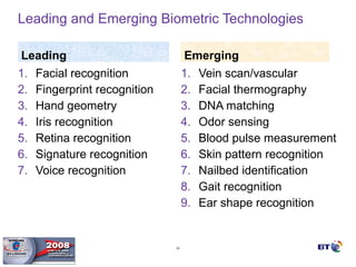 Leading and Emerging Biometric Technologies  Leading Facial recognition Fingerprint recognition Hand geometry Iris recognition Retina recognition Signature recognition Voice recognition Emerging Vein scan/vascular Facial thermography DNA matching  Odor sensing Blood pulse measurement Skin pattern recognition  Nailbed identification Gait recognition Ear shape recognition 