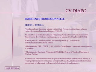 Najib BENSBIA 01/1981 - 06/2004 :  Ambassade du Japon au Maroc : Attaché de Presse, Assistant aux affaires culturelles, consulaires et politiques (1981-85) Alcatel CIT (Multinationale des Télécoms) : Consultant en Communication, Responsable des relations publiques pour le Maroc et le Maghreb (1985-87). Office pour le Développement Industriel (1985-87): Conseiller en communication et relations Presse Ministère des PTT - ONPT  (1989 – 1993)  Conseiller en communication (interne et externe) Ministère des Droits de l’Homme (1994-2004): Chargé d’Etudes, Directeur et Chef de Cabinet Consultant constitutionnaliste de plusieurs instituts de recherche au Maroc et à l’étranger (notamment en France, Espagne et Canada), études constitutionnelles; rapports de synthèses de colloques et séminaires internationaux … EXPERIENCE PROFESSIONNELLE CV DIAPO 