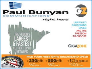 UNRIVALED 
BROADBAND 
SPEED 
AND THE 
FREEDOM 
TO CHOOSE 
GIGAZONE – GIGABIT FIBER NETWORK 
Paul Bunyan Communications is ...