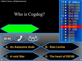 © Mark E. Damon - All Rights Reserved
A: An Awesome dude
C: A rock Star
B: Alan Levine
D: The heart of DS106
50:50
15
14
13
12
11
10
9
8
7
6
5
4
3
2
1
$1 Million
$500,000
$250,000
$125,000
$64,000
$32,000
$16,000
$8,000
$4,000
$2,000
$1,000
$500
$300
$200
$100
Who is Cogdog?
 