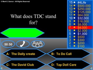© Mark E. Damon - All Rights Reserved
A: The Daily create
C: The David Club
B: To Do Call
D: Tap Doll Care
50:50
15
14
13
12
11
10
9
8
7
6
5
4
3
2
1
#4Life
$500,000
$250,000
$125,000
$64,000
$32,000
$16,000
$8,000
$4,000
$2,000
$1,000
$500
$300
$200
$100
What does TDC stand
for?
 