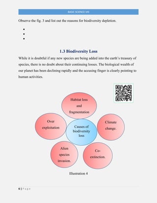 6 | P a g e
BASIC SCIENCE VIII
Observe the fig. 3 and list out the reasons for biodiversity depletion.
•
•
•
1.3 Biodiversity Loss
While it is doubtful if any new species are being added into the earth’s treasury of
species, there is no doubt about their continuing losses. The biological wealth of
our planet has been declining rapidly and the accusing finger is clearly pointing to
human activities.
Illustration 4
Causes of
biodiversity
loss
Alien
species
invasion.
Climate
change.
Habitat loss
and
fragmentation
Over
exploitation
Co-
extinction.
 