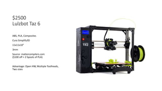 $2500
Lulzbot Taz 6
ABS, PLA, Composites
Cura Simplify3D
11x11x10”
3mm
Source: mattercompilers.com
($100 off + 2 Spools of PLA)
Advantage: Open HW, Multiple Toolheads,
Two sizes
 