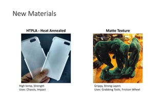 New Materials
HTPLA - Heat Annealed Matte Texture
High temp, Strength
Uses: Chassis, Impact
Grippy, Strong Layers
Uses: Grabbing Tools, Friction Wheel
 