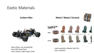 Exotic Materials
Carbon Fiber Metal / Wood / Ceramic
Micro-fibers, not strand/cloth
Very stiff, Great finish
Uses: Chassis, Cable mgmt, Hubs
Looks awesome, Weaker than PLA
Uses: Aesthetic
 