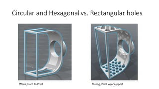 Circular and Hexagonal vs. Rectangular holes
Weak, Hard to Print Strong, Print w/o Support
 