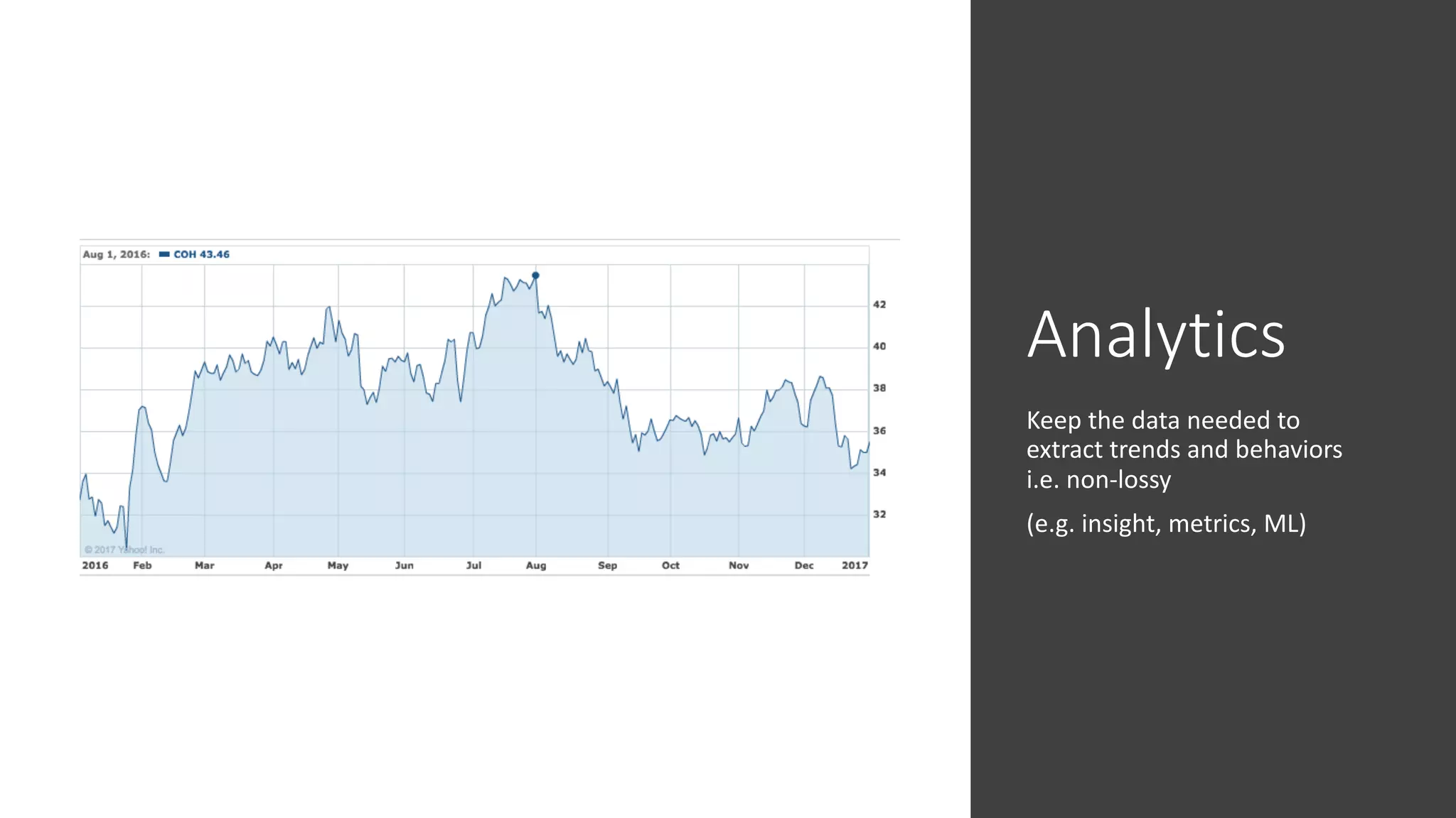 Analytics
Keep the data needed to
extract trends and behaviors
i.e. non-lossy
(e.g. insight, metrics, ML)
 