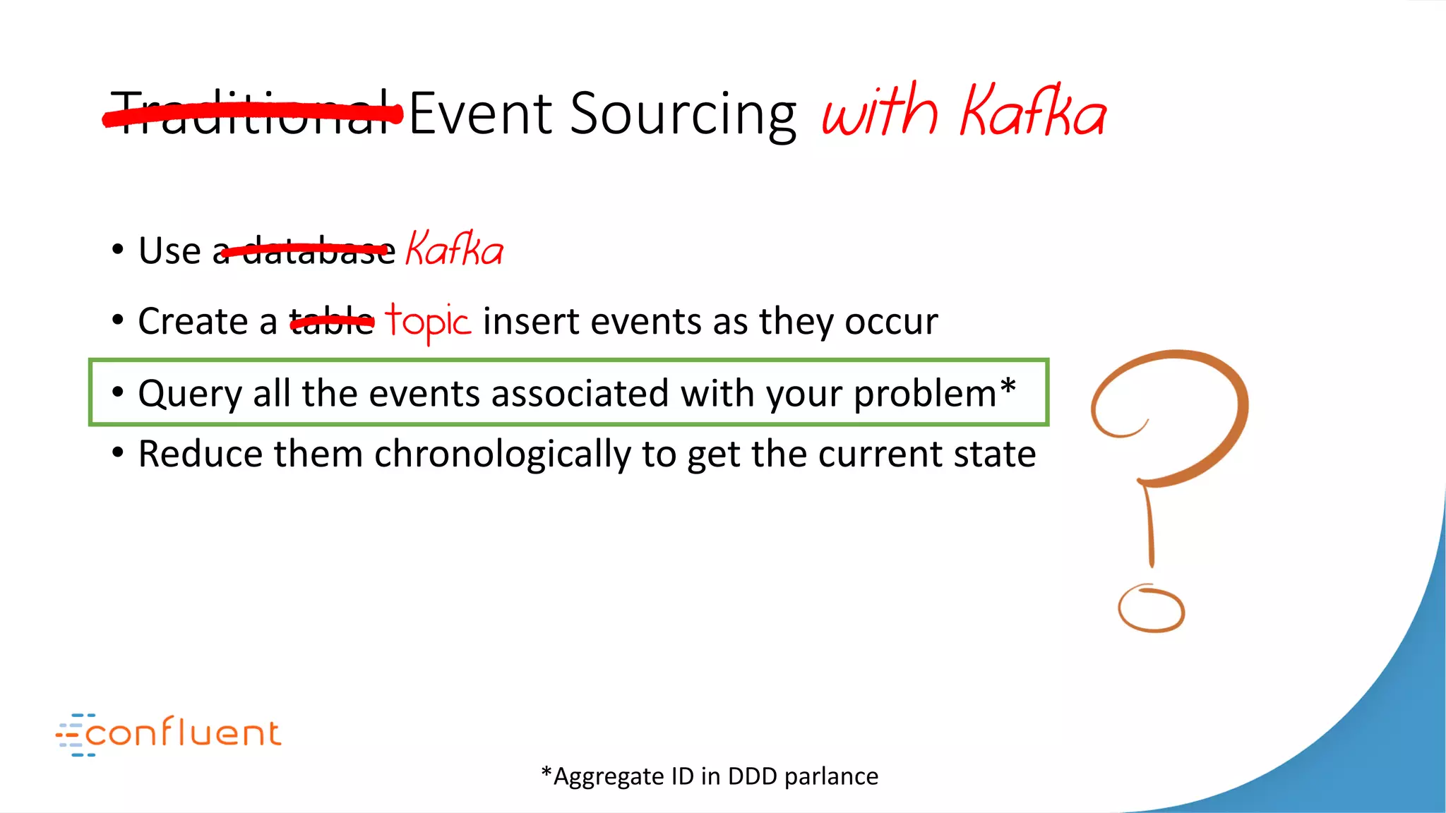 Traditional Event Sourcing with Kafka
• Use a database Kafka
• Create a table topic insert events as they occur
• Query all the events associated with your problem*
• Reduce them chronologically to get the current state
*Aggregate ID in DDD parlance
 