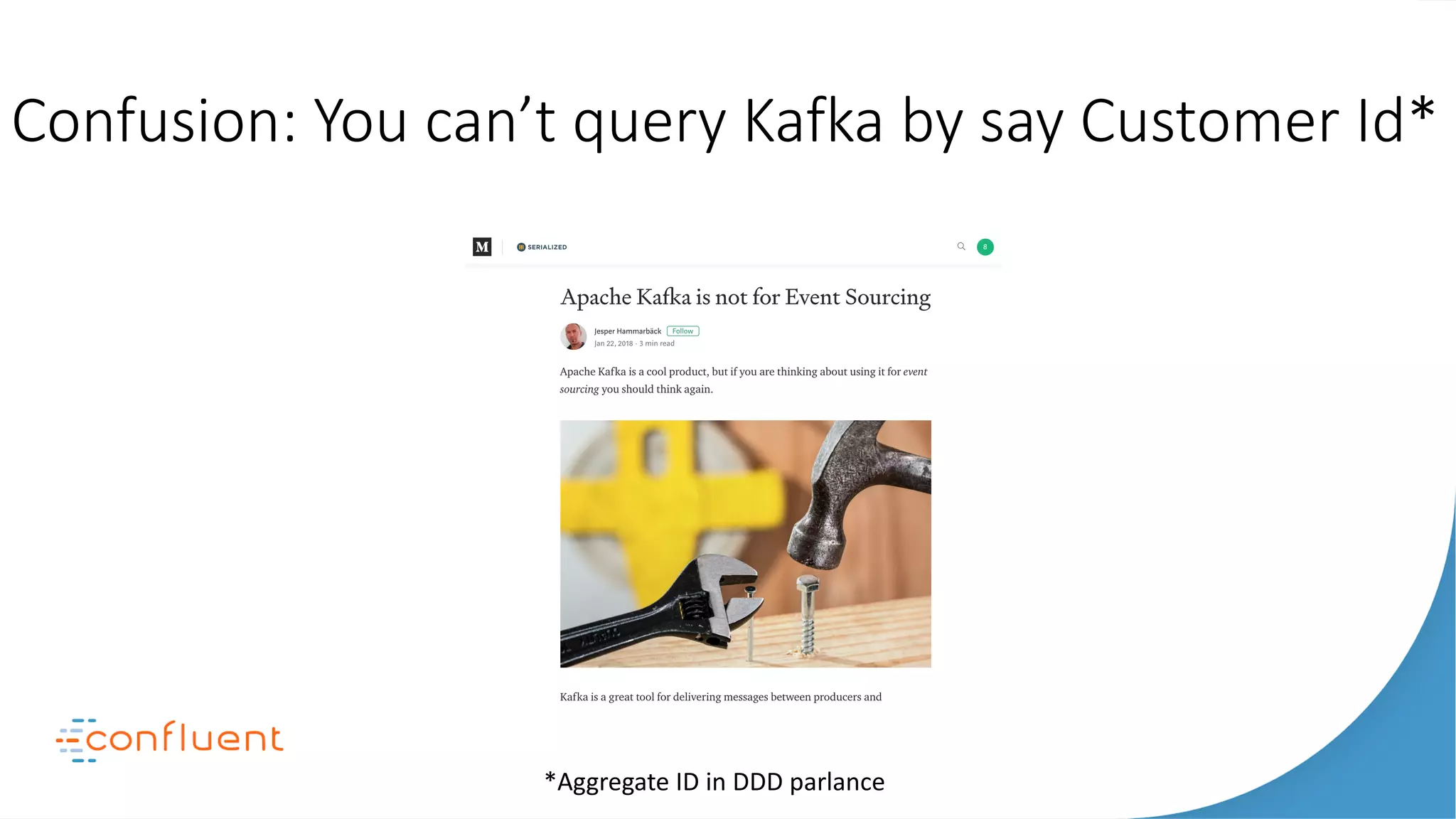 Confusion: You can’t query Kafka by say Customer Id*
*Aggregate ID in DDD parlance
 