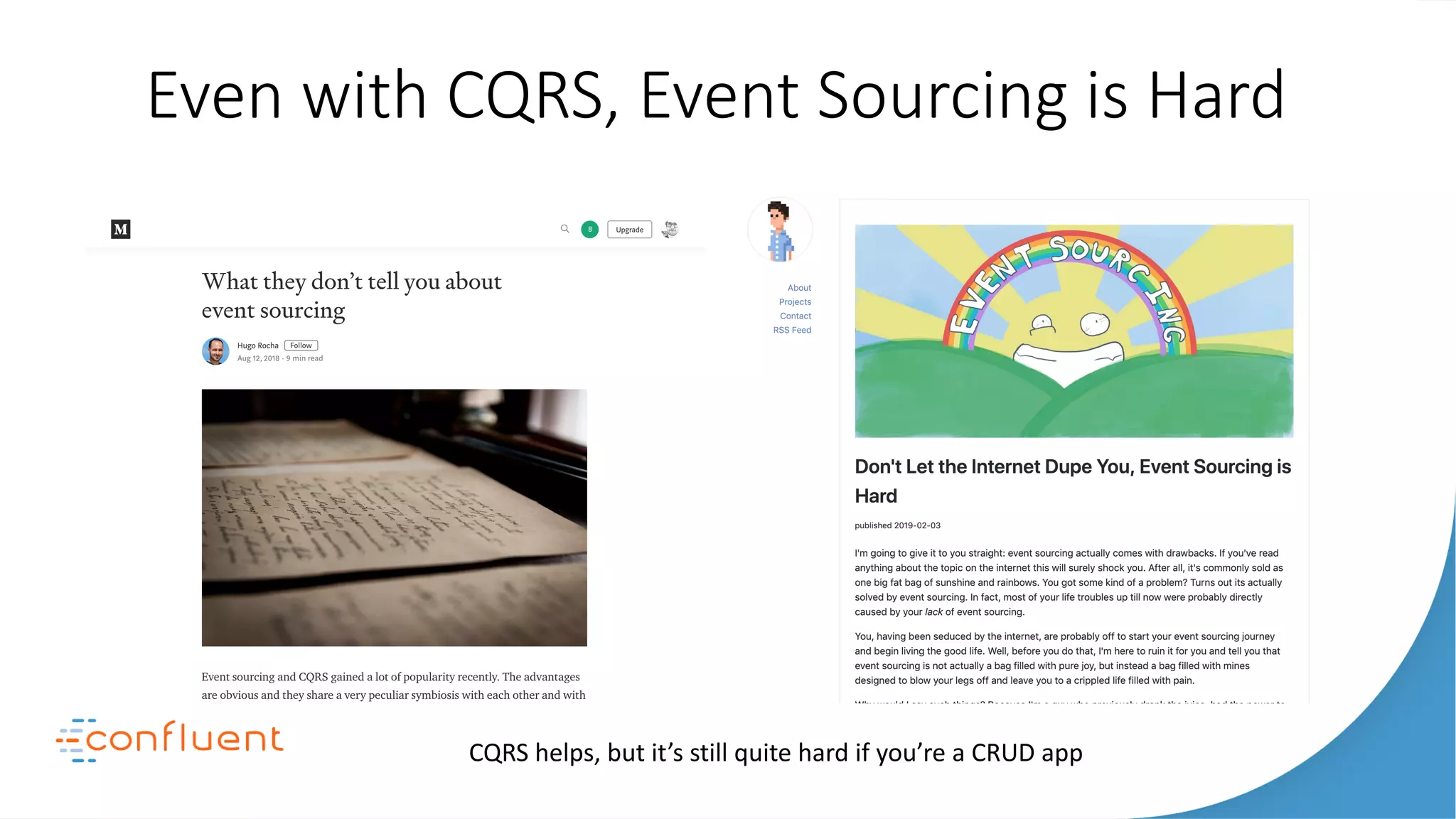 Even with CQRS, Event Sourcing is Hard
CQRS helps, but it’s still quite hard if you’re a CRUD app
 