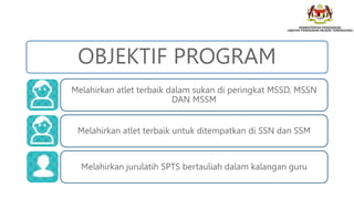 OBJEKTIF PROGRAM
Melahirkan atlet terbaik dalam sukan di peringkat MSSD, MSSN
DAN MSSM
Melahirkan atlet terbaik untuk ditempatkan di SSN dan SSM
Melahirkan jurulatih SPTS bertauliah dalam kalangan guru
 